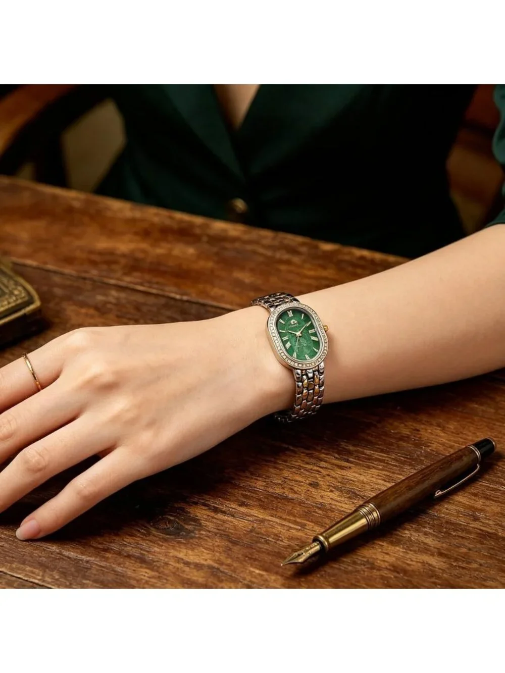 Women's Duotone Green Oval Rhinestones Case Adjustable Stainless Steel Watch